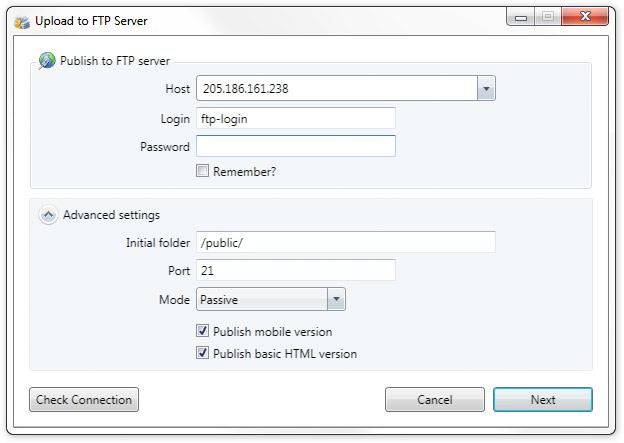 Upload to FTP Server Window Upload to FTP Server Window